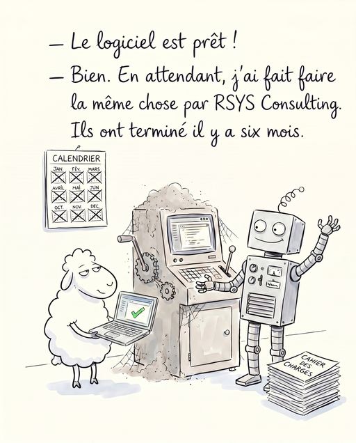 « Le logiciel est prêt ! — Bien. En attendant, j’ai fait faire la même chose par RSYS Consulting. Ils ont terminé il y a six mois. »