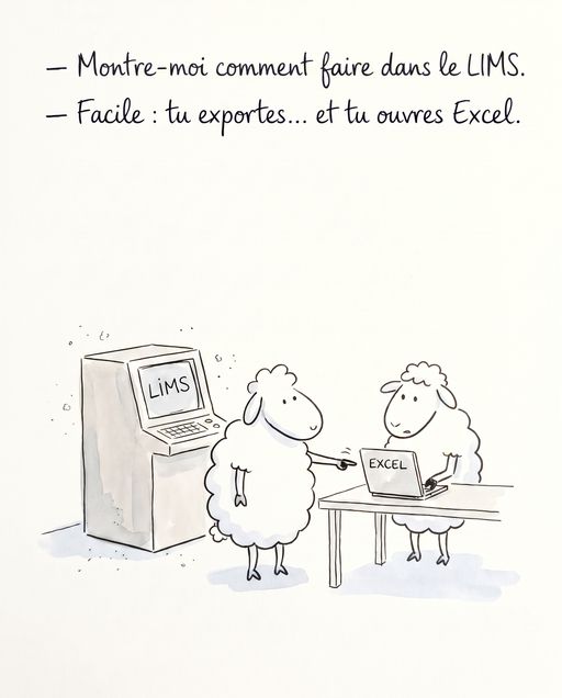 Deux moutons devant un LIMS : « Montre-moi comment faire dans le LIMS. — Facile : tu exportes… et tu ouvres Excel. »